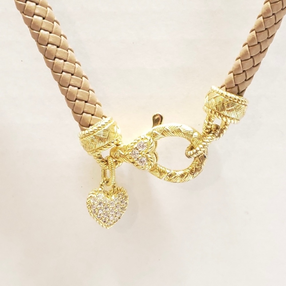 Judith Ripka Braided Leather & Sterling Choker Heart Necklace